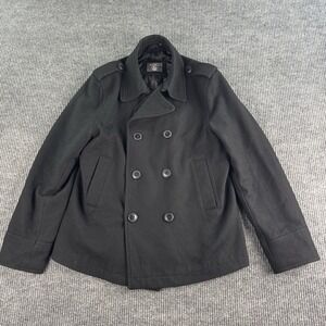 L.O.G.G. H&M Pea Coat Men Large Black Wool Blend Double Breasted Jacket Preppy